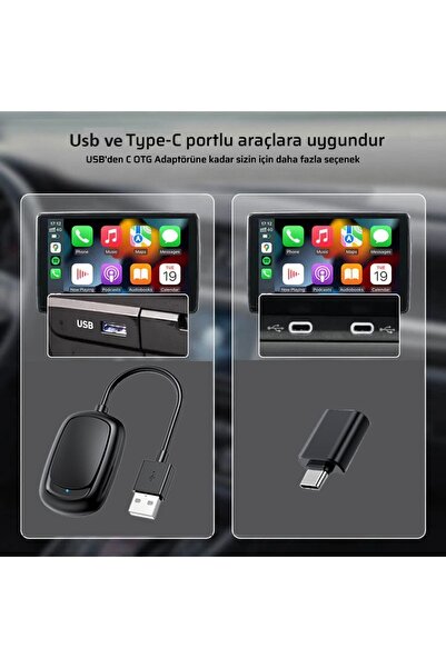 RADOON Yeni Tasarım Mini Kablosuz Carplay Usb ve Type-c Uyumlu Araç Multimedya Adaptörü