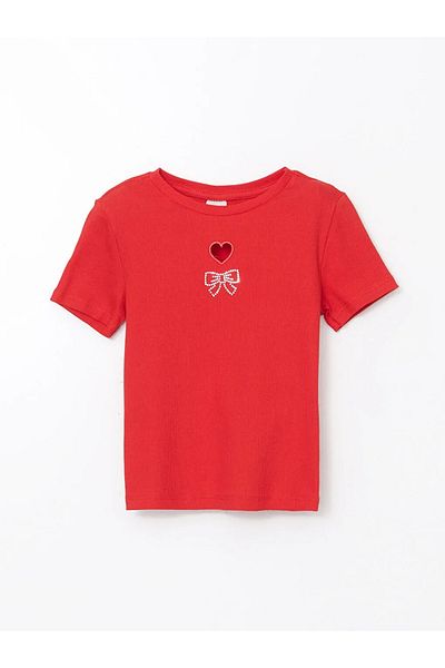 LC Waikiki Lcw Kids Red Crew Neck Rhinestone Girls' Crop T-Shirt