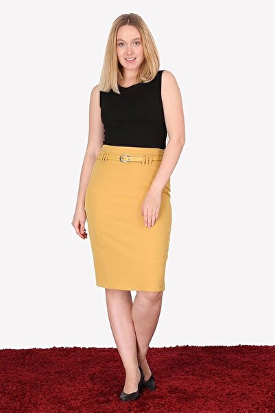 Genel Markalar Apsen Kadın 1984-63 Hardal kemer Detaylı Dört Mevsimlik Midi Boy Ofis Etek