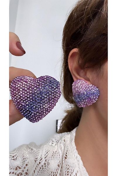 Pelin Aksesuar Big Lilac Pink Crystal Stone Encrusted Heart Earrings