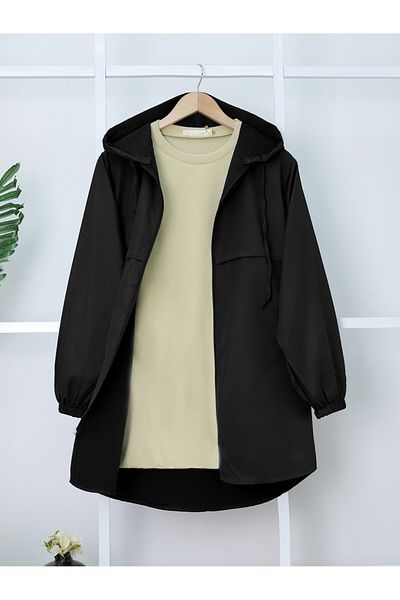 Modamorfo Schwarzer Regenmantel-Trenchcoat von Araboy – Reißverschluss und Kapuze