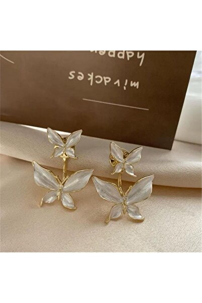 Pelin Aksesuar Beyaz Çiftli Kelebek Hayalet Küpe