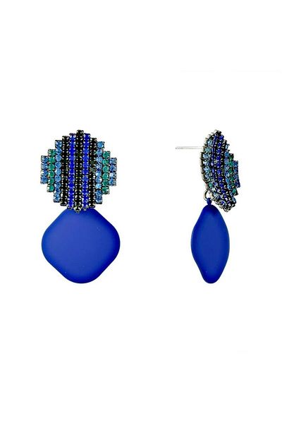 Pelin Aksesuar Navy Blue Square Plaid Earrings with Stone Detail