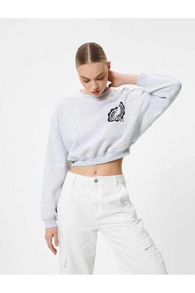 Koton Crop Sweatshirt Rundhals Bedruckt