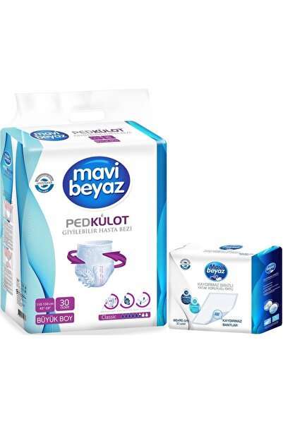 Mavi beyaz Ped Emici Külot Yetişkin Bezi L -Large Büyük 30 Adet +Yatak Koruyu...