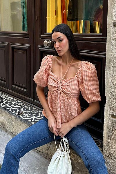 FOR YOU MODA Natural Viscose Neck Tied Orange Blouse