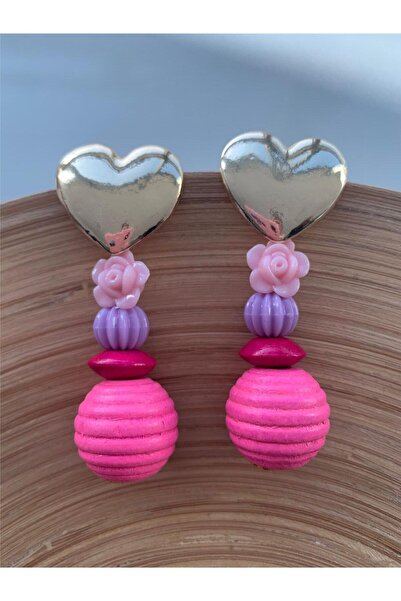 Pelin Aksesuar Pembe ve Mor Tonlarda Kalpli Tasarım Küpe