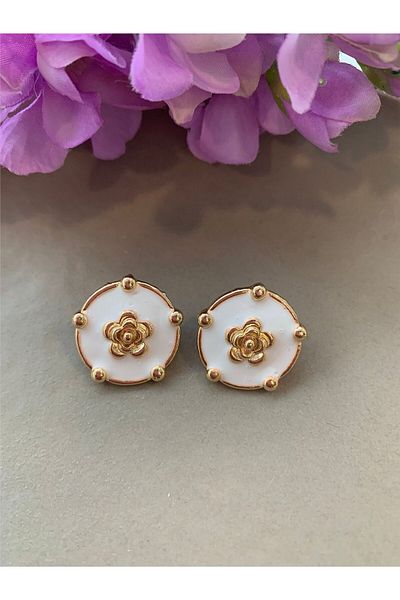 Pelin Aksesuar White Vintage Earrings with Gold Flowers Inside
