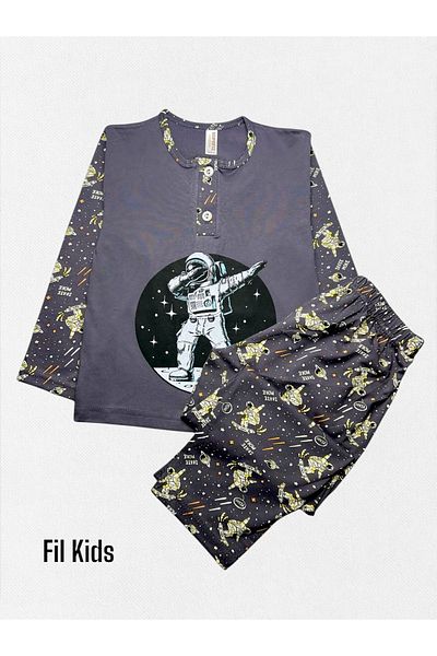 Fil Kids Boys - 100% Cotton Anthracite Astronaut Space Planet Print Long Sleeve Winter Pajamas Set