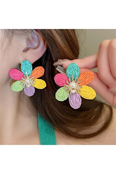 Pelin Aksesuar Renkli Hasır İp Sarmal Çiçek Küpe