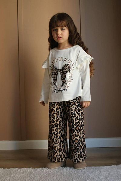 Minigimin Cicileri Girl's Leopard Print Bow Set - My Mini's Flowers, Ecru