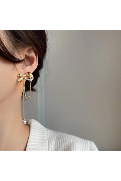 Pelin Aksesuar Gold Fiyonk İnci Sallantılı Küpe