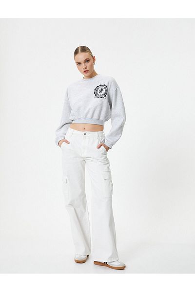 Koton Crop Sweatshirt Rundhals Bedruckt