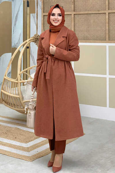 Bym Fashion Brick Color Cashew Coat 7519 - Waist Belt and Lining Detail