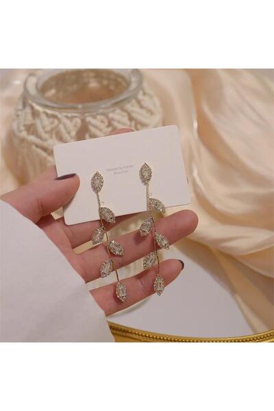 Pelin Aksesuar Gold Kristalli Yaprak Küpe