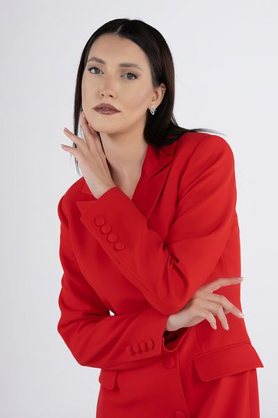 PEARL Double Breasted Neckline Long Red Jacket Dress with Pockets - Stylish Office & Wedding Invitation Dress, Trendy Model