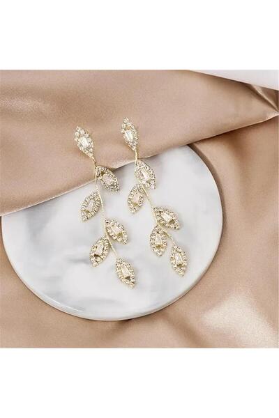 Pelin Aksesuar Gold Kristalli Yaprak Küpe