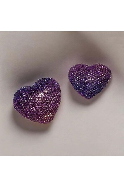 Pelin Aksesuar Lila Pembe Kristal Taş Kaplı Büyük Kalp Küpe