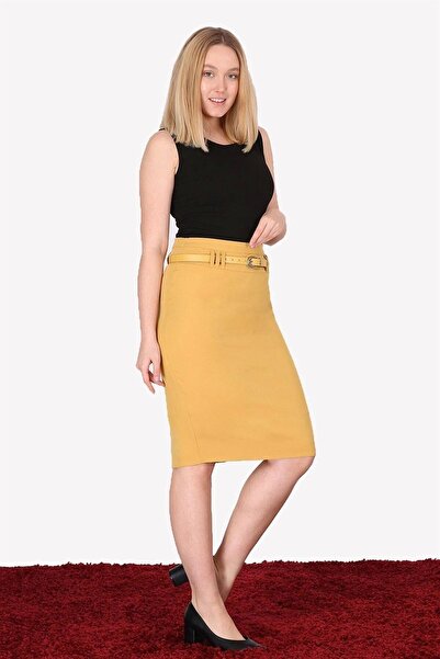 Genel Markalar Apsen Kadın 1984-63 Hardal kemer Detaylı Dört Mevsimlik Midi Boy Ofis Etek