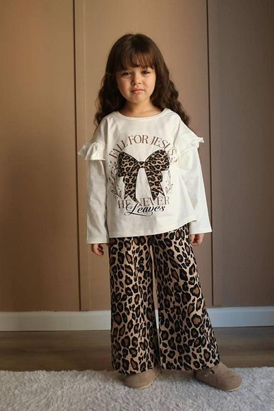 Minigimin Cicileri Girl's Leopard Print Bow Set - My Mini's Flowers, Ecru