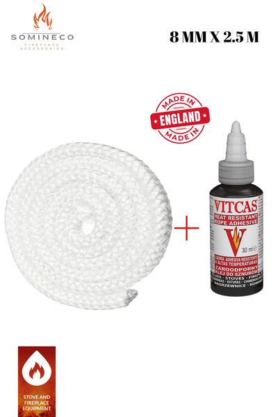 SOMINECO Fiberglass Beyaz Yanmaz Soba Şömine Fitili 8 Mm X 2.5m Vıtcas Yapışt...