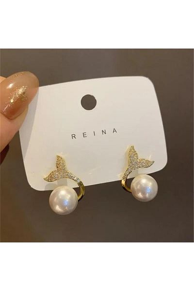 Pelin Aksesuar Gold Crystal Pearl - Fish Tail Earring Design