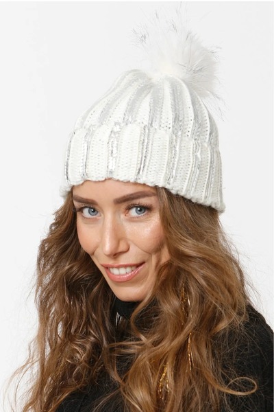 Genel Markalar Varak Baskılı Katlamalı Ponponlu Triko Örgü Bere