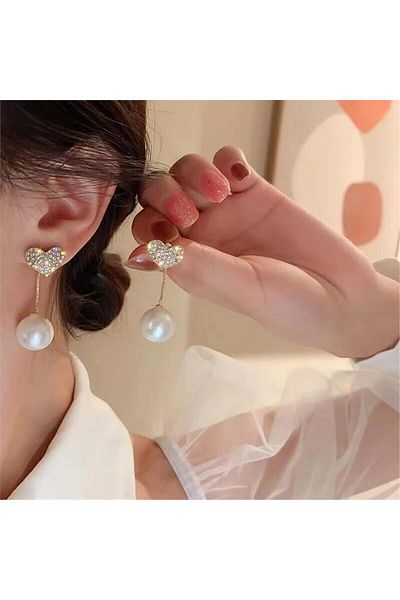 Pelin Aksesuar Heart Pattern Pearl Dangle Earrings
