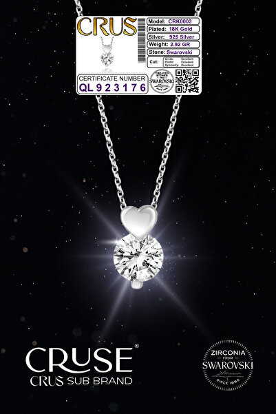 Cruse 925 Ayar Gümüş Tektaş Kalp Kolye 18K Beyaz Altın Kaplama Crus Sertifikalı