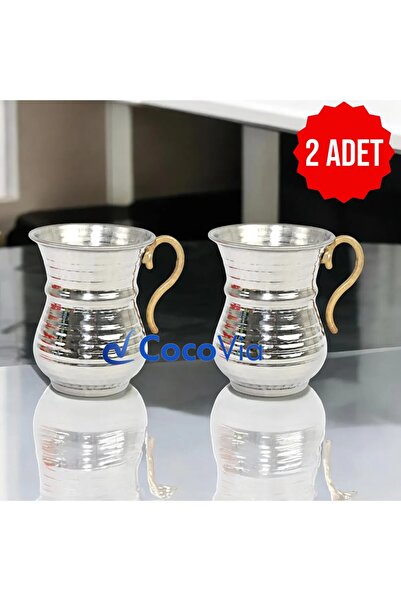 CocoVia ( 2 ADET ) Bakır El Dövmesi Kulplu Ayran Su Meşrubat Bardağı 9.5 cm Gümüş Renk
