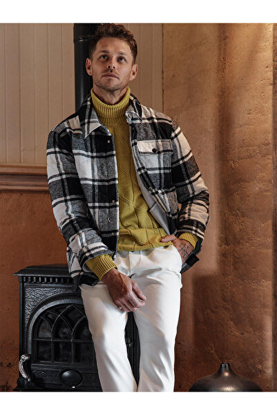 Xint Erkek Siyah Yumuşak Dokulu Modern Ekose Desenli Oversize Mont