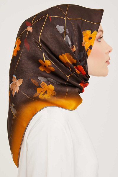Armine 9048-53 Model Brown Floral Patterned Tivil Silk Scarf