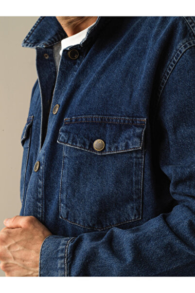Xint Erkek Lacivert Pamuk Dokulu Oversize Denim Gömlek