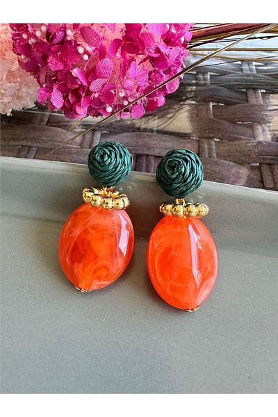 Pelin Aksesuar Orange Beaded Design Earrings with Green Straw String