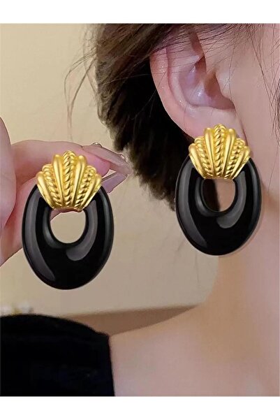 Pelin Aksesuar Siyah Mineli Büyük Oval Gold Midye Küpe