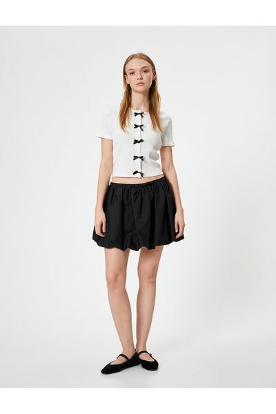 Koton Crew Neck Slim Fit Cardigan - Bow Detail, Snap Button, Short Sleeve