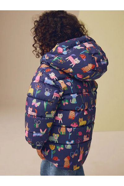 Next Baby Palton pentru fetiță, 100% bumbac organic, umplut cu model de animale, rezistent la apă, albastru închis