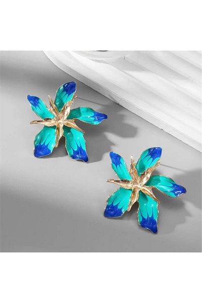 Pelin Aksesuar Green Blue Layered Flower Earrings