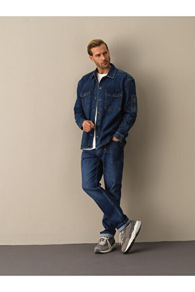 Xint Erkek Lacivert Pamuk Dokulu Oversize Denim Gömlek