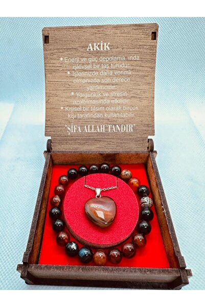 grs oyuncak Ahşap Kutudu Akık Kırmızı-siyah Model Akik Taşı Kolye Bileklik Seti
