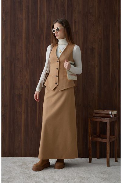 Fatma Atasoy Stamped Milk Coffee Vest Skirt Set