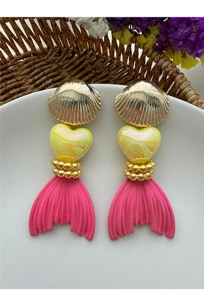Pelin Aksesuar Fuchsia and Yellow Heart Fishtail Earrings