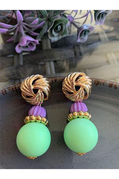 Pelin Aksesuar Mint Green Purple Ball Beaded Design Earrings