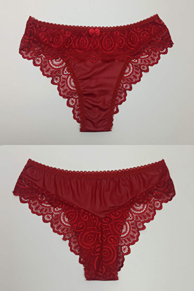 MILANOFOX Kadın 2'li Deri Detaylı Dantelli Brazilian Külot 2 Model Siyah-Kırmızı