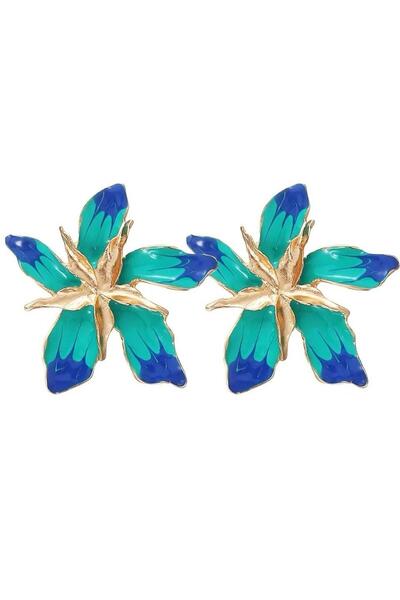 Pelin Aksesuar Yeşil Mavi Katmanlı Çiçek Küpe