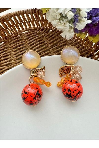 Pelin Aksesuar Beaded Design - Orange Patterned Earrings
