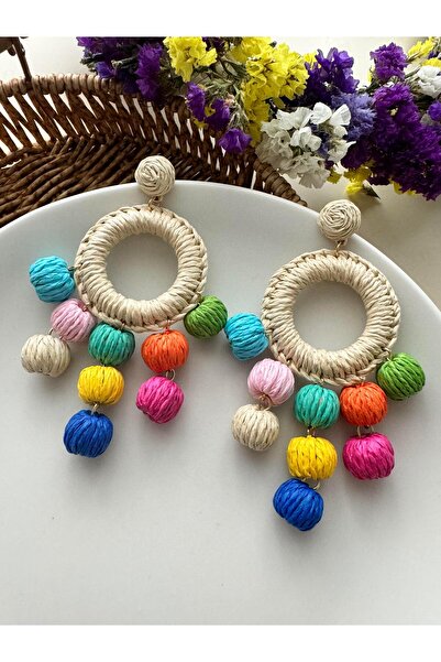 Pelin Aksesuar Renkli Topçuklu Hasır Küpe