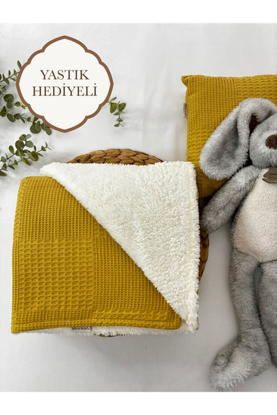 MIA BEE Bebek Battaniyesi Içi Welsoft Peluş Dışı Waffle Pike (90X110) Yastık ...