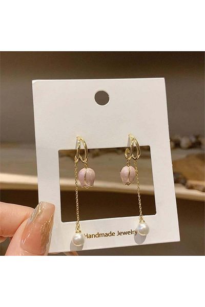 Pelin Aksesuar Pink Double Pearls Dangle Tulip Earrings