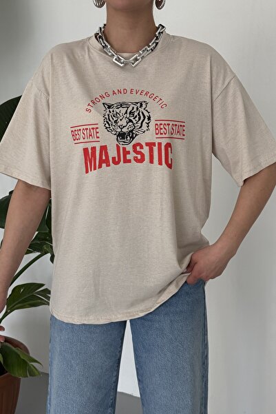 MODAGEN Μπλουζάκι Unisex Beige Crew Neck Majestic με στάμπα Oversize